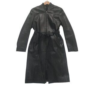 Vintage Black Leather Long Coat With Belt & Zipper Closure